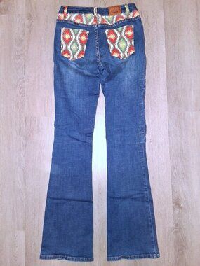 Ranch Dress'n Red Tribal Aztec Print Flared Jeans Size Small Western Cowgirl